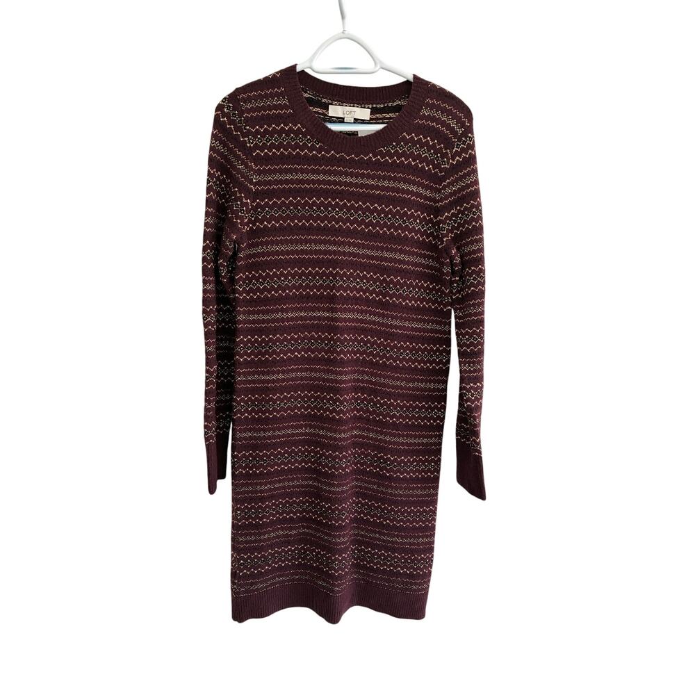 Loft Womens Red Knit Dress Midi Sweater Stripe Round Neck Long Sleeve XS NWT